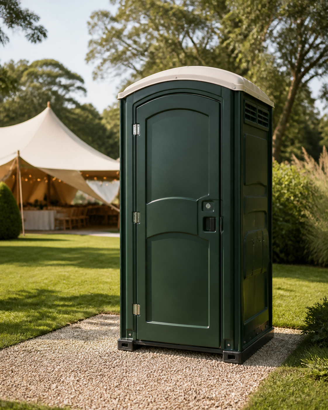 Forest-green portable restroom at an outdoor event venue